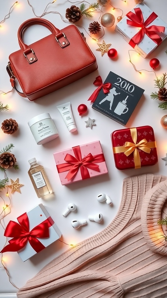 Christmas Gift Ideas for a 20-Year-Old Woman Flat lay of Christmas gifts for a 20-year-old woman, including a handbag, skincare set, wireless earbuds, and a sweater.